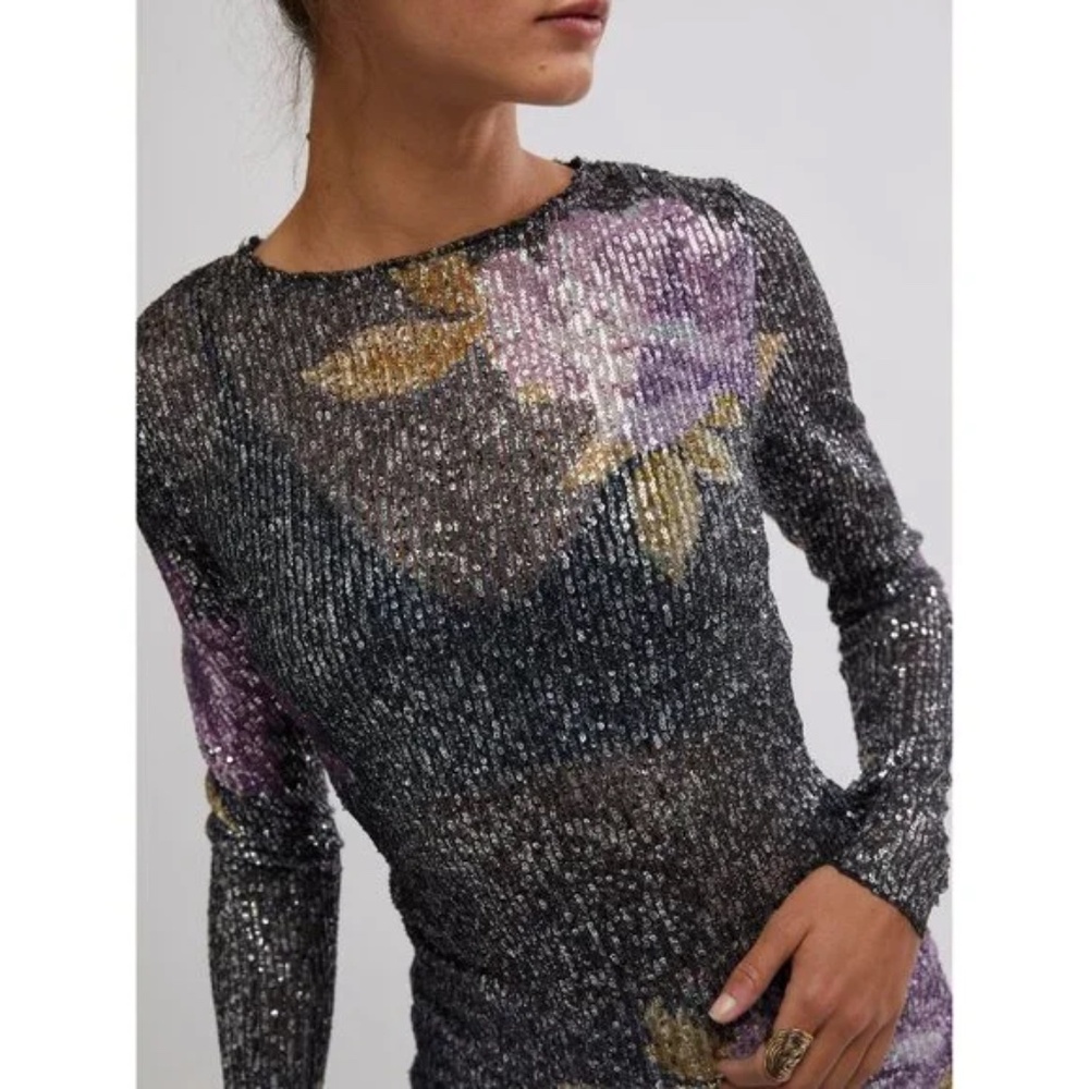 NWT Free People Large Printed Gold Rush Long Sleeve / Amethyst Combo
